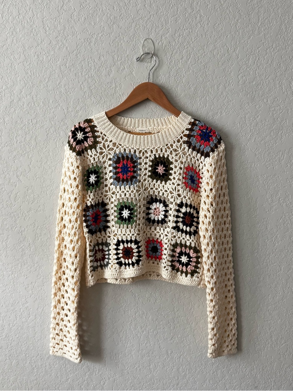 Vintage Style Granny Square Crochet Sweater Boho Y2K Small